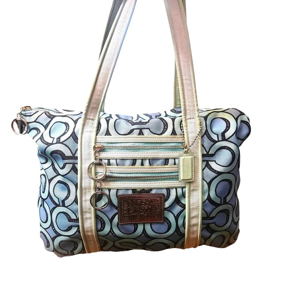Coach Bag Bundle Poppy Blue Ombre Tote and Pink Signature Stripe Hobo Handbags - Picture 2 of 3